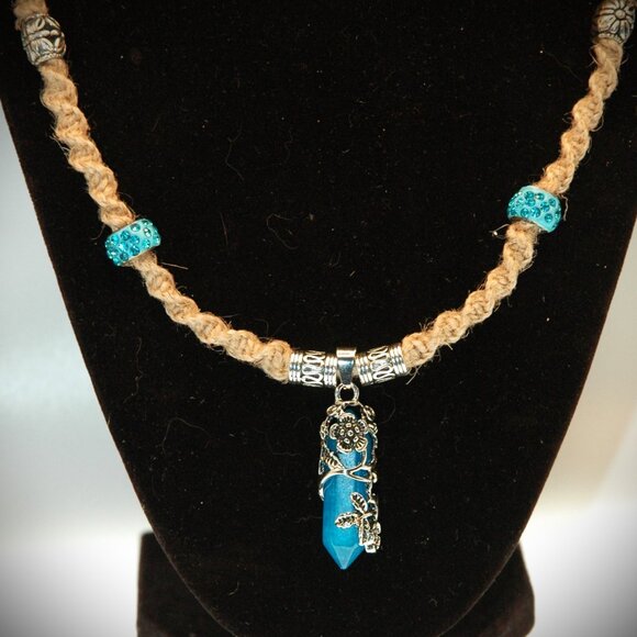 Flower Wrapped Blue Hexagonal Healing Crystal on a Handmade 22" Brown Hemp Chain - Picture 1 of 7